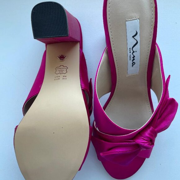 Nina Fuchsia Pink Satin Bow Heels Size 8 | Open Toe Mule - Picture 5 of 5